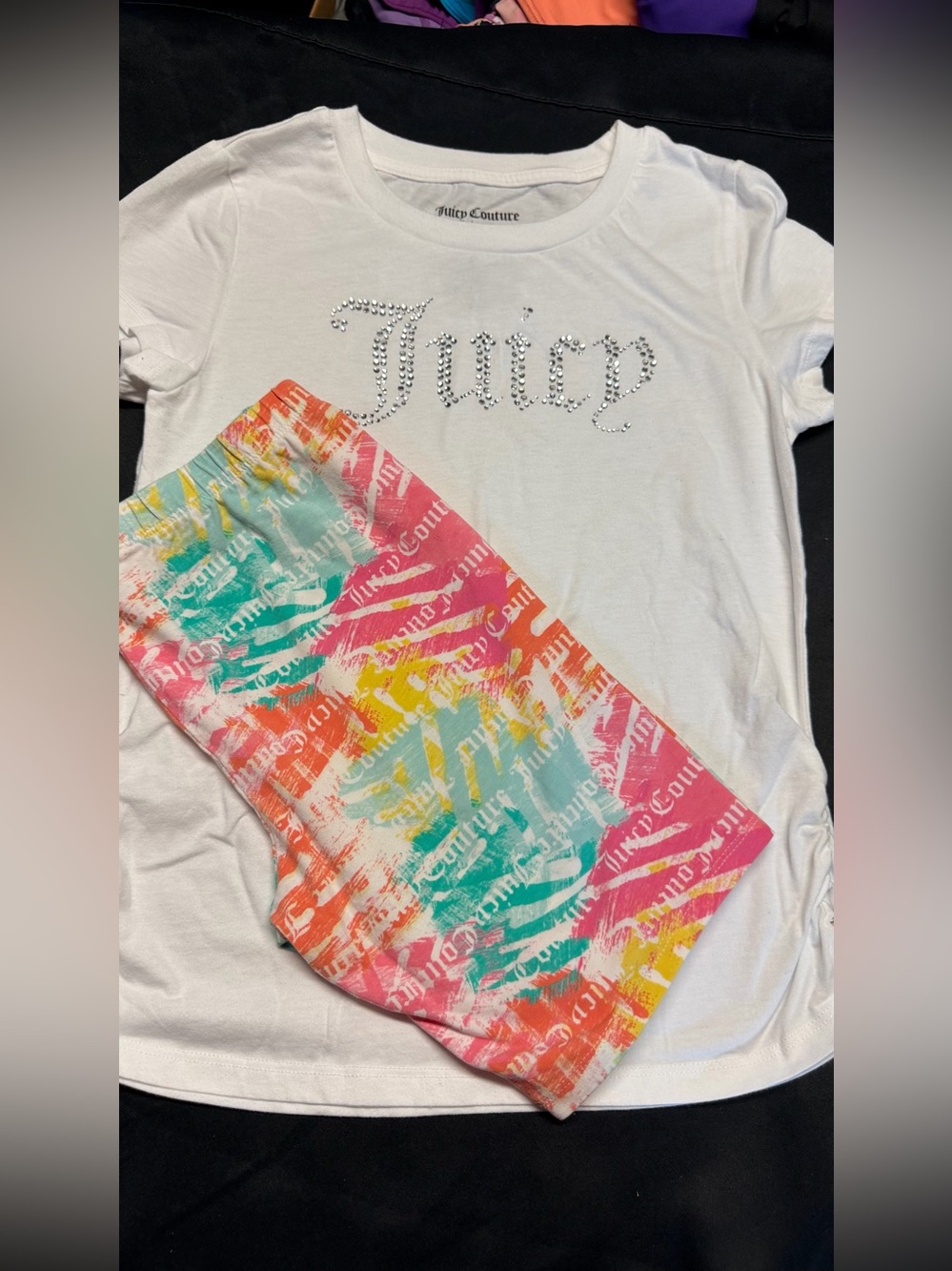 Juicy Couture White Tee with Multicolor Logo Print shorts